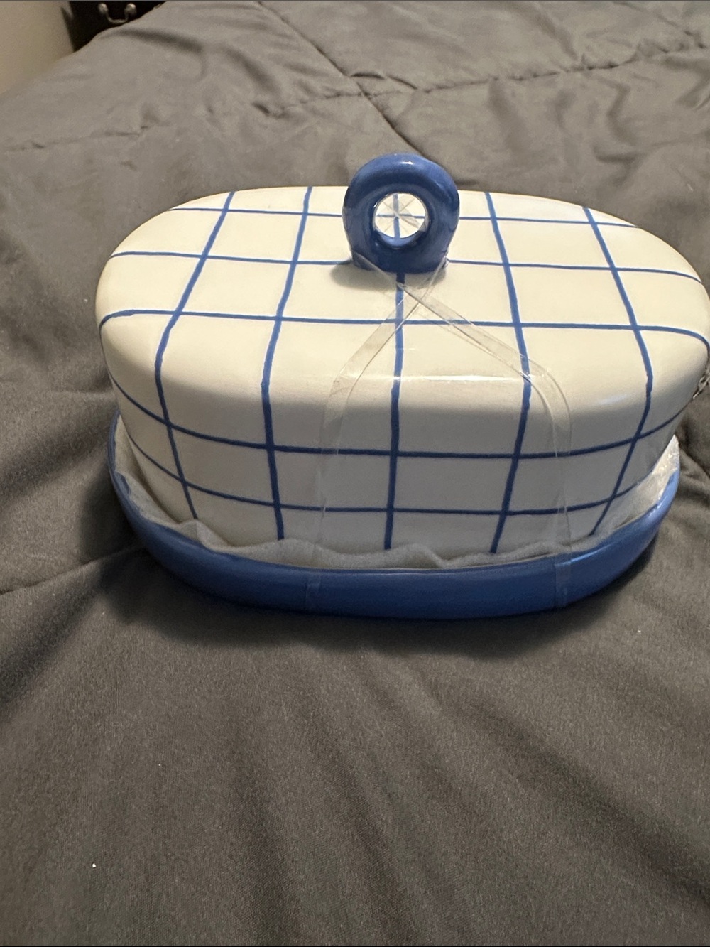 Blue & White Ceramic Butter Dish with Grid Pattern